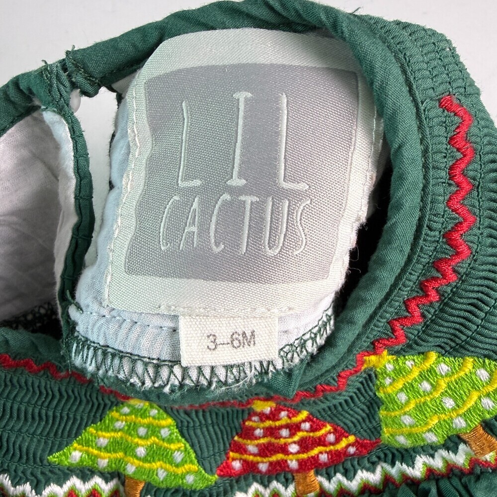 Lil Cactus Smocked Christmas Dress 3-6 Months - Green Corduroy Holiday Trees - Picture 8 of 16